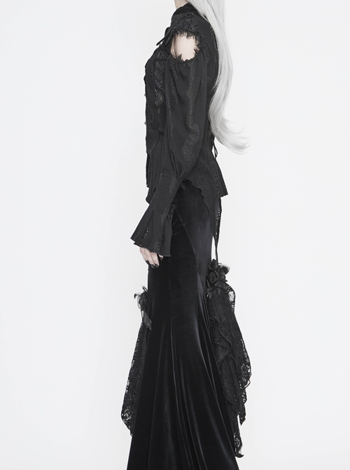 Front Chest Webbing Appliques Hollow-Out Lantern Sleeve Flare Cuff Back Waist Lace-Up Black Gothic Blouse