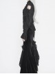 Front Chest Webbing Appliques Hollow-Out Lantern Sleeve Flare Cuff Back Waist Lace-Up Black Gothic Blouse