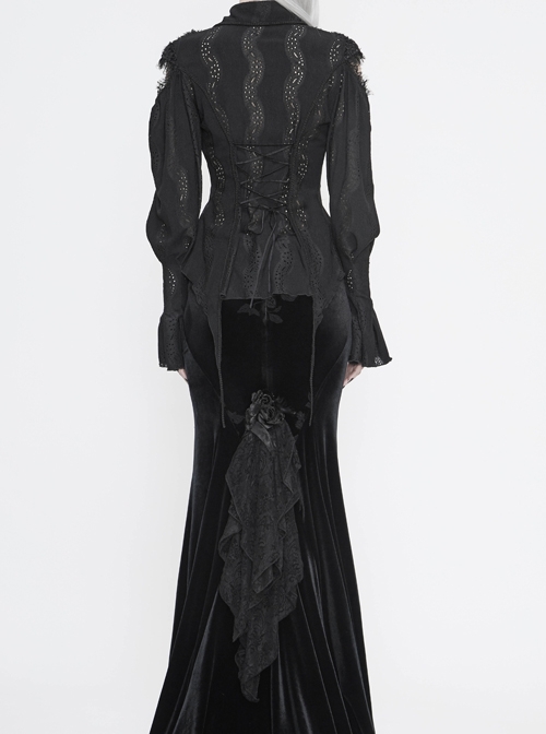 Front Chest Webbing Appliques Hollow-Out Lantern Sleeve Flare Cuff Back Waist Lace-Up Black Gothic Blouse