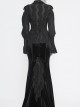 Front Chest Webbing Appliques Hollow-Out Lantern Sleeve Flare Cuff Back Waist Lace-Up Black Gothic Blouse
