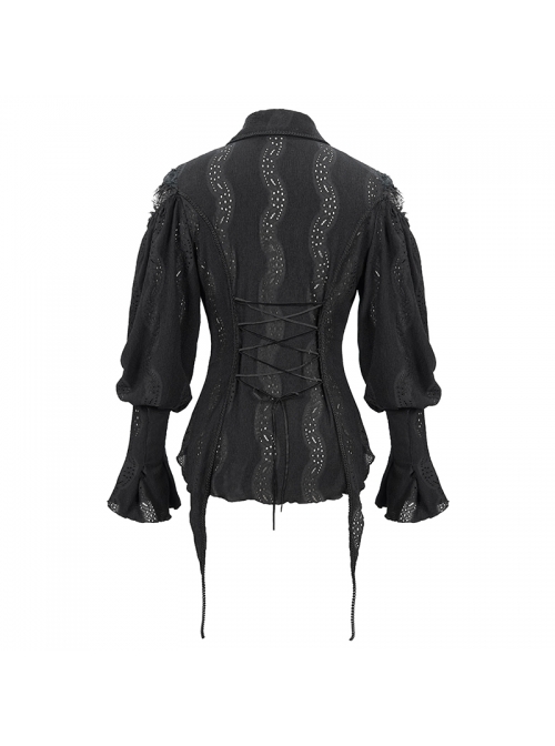 Front Chest Webbing Appliques Hollow-Out Lantern Sleeve Flare Cuff Back Waist Lace-Up Black Gothic Blouse