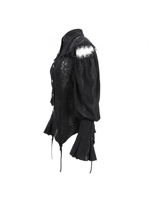 Front Chest Webbing Appliques Hollow-Out Lantern Sleeve Flare Cuff Back Waist Lace-Up Black Gothic Blouse