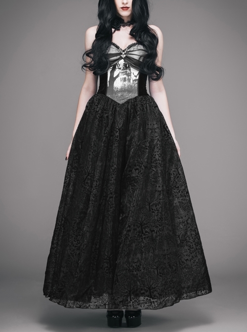 Black Gothic Elk Metal Brooch Flocking Print Yarn Floral Formal Dress Slip Dress