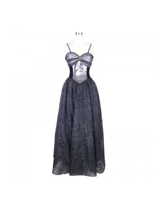 Black Gothic Elk Metal Brooch Flocking Print Yarn Floral Formal Dress Slip Dress