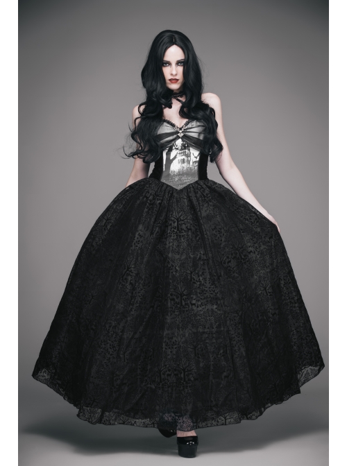 Black Gothic Elk Metal Brooch Flocking Print Yarn Floral Formal Dress Slip Dress