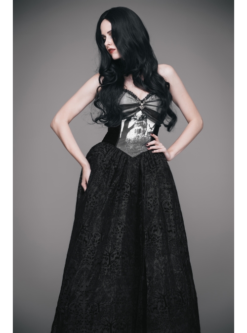Black Gothic Elk Metal Brooch Flocking Print Yarn Floral Formal Dress Slip Dress