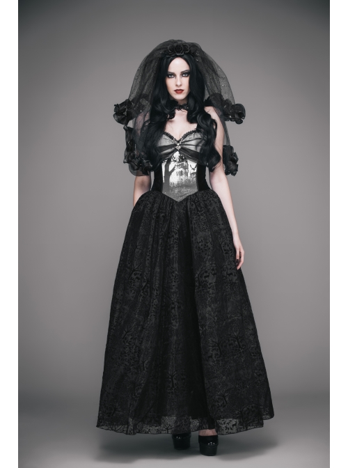 Black Gothic Elk Metal Brooch Flocking Print Yarn Floral Formal Dress Slip Dress