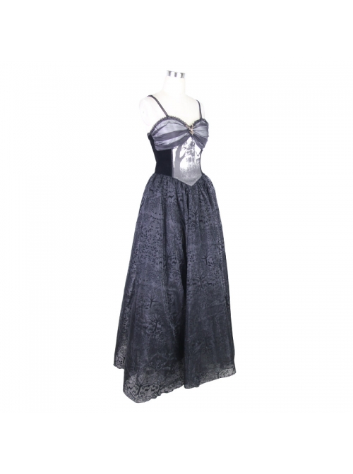 Black Gothic Elk Metal Brooch Flocking Print Yarn Floral Formal Dress Slip Dress