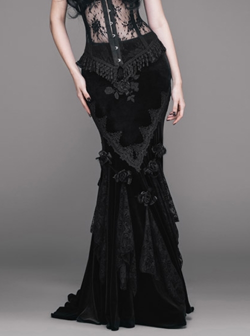 Rose Decoration Frill Hem Black Gothic Rose Pattern Embossed Velvet Long Gown Skirt