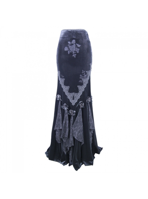 Rose Decoration Frill Hem Black Gothic Rose Pattern Embossed Velvet Long Gown Skirt