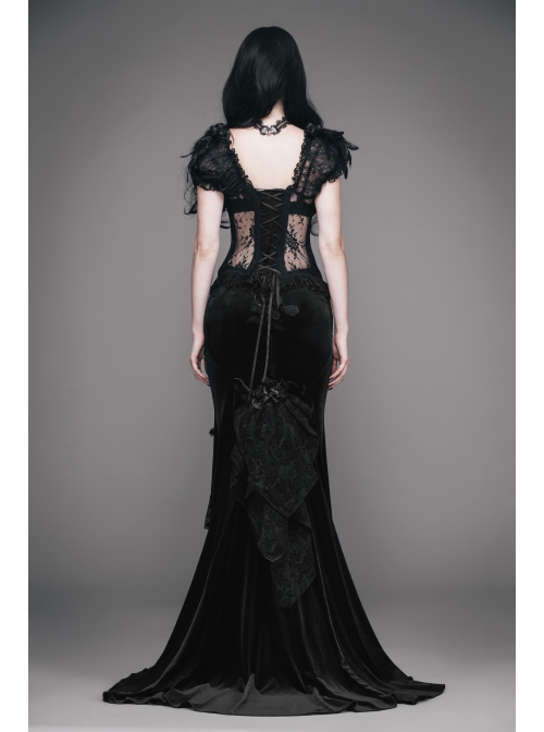Rose Decoration Frill Hem Black Gothic Rose Pattern Embossed Velvet Long Gown Skirt