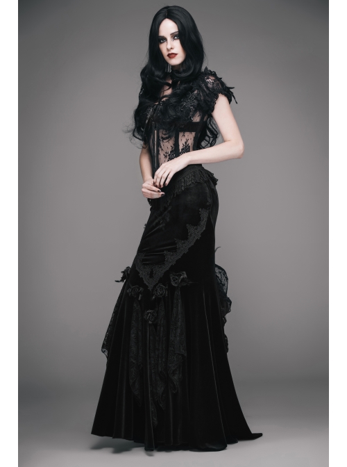 Rose Decoration Frill Hem Black Gothic Rose Pattern Embossed Velvet Long Gown Skirt