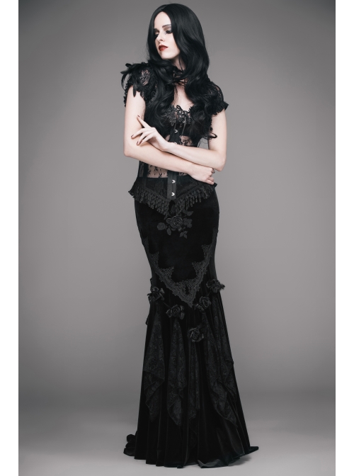 Rose Decoration Frill Hem Black Gothic Rose Pattern Embossed Velvet Long Gown Skirt