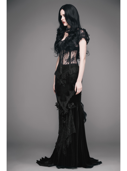 Rose Decoration Frill Hem Black Gothic Rose Pattern Embossed Velvet Long Gown Skirt