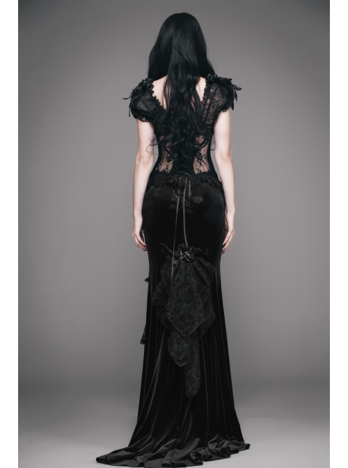 Rose Decoration Frill Hem Black Gothic Rose Pattern Embossed Velvet Long Gown Skirt