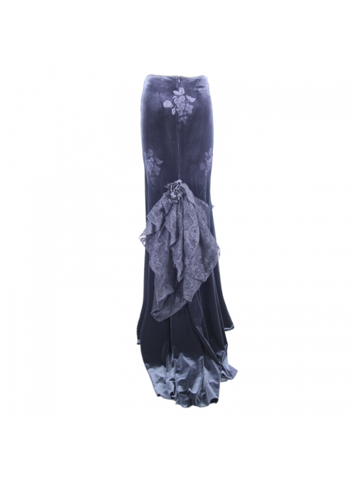 Rose Decoration Frill Hem Black Gothic Rose Pattern Embossed Velvet Long Gown Skirt