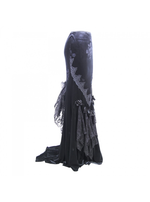Rose Decoration Frill Hem Black Gothic Rose Pattern Embossed Velvet Long Gown Skirt