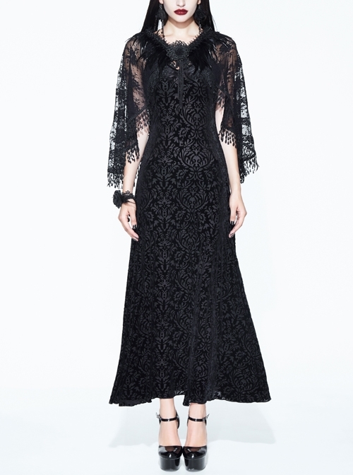 Black Gothic Lace Shawl Dark Pattern Velvet Slip Dress