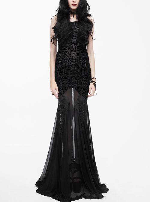 Shoulder Feather Lace Black Gothic Flocking Pattern Mesh Floor-Length Fishtail Dress