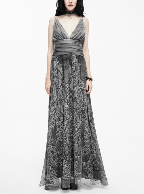 Big V-Neck Embroidery Lace Hem Grey Gothic Imitation Silk Chiffon Long Sling Dress