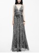 Big V-Neck Embroidery Lace Hem Grey Gothic Imitation Silk Chiffon Long Sling Dress