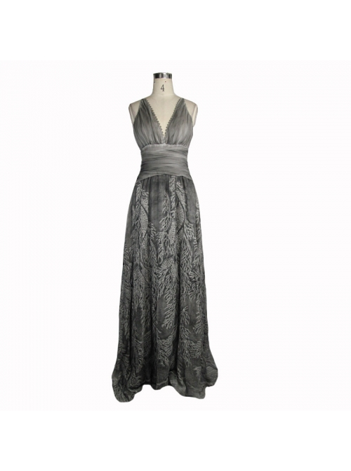 Big V-Neck Embroidery Lace Hem Grey Gothic Imitation Silk Chiffon Long Sling Dress