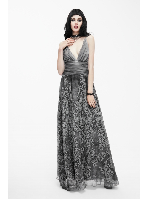 Big V-Neck Embroidery Lace Hem Grey Gothic Imitation Silk Chiffon Long Sling Dress