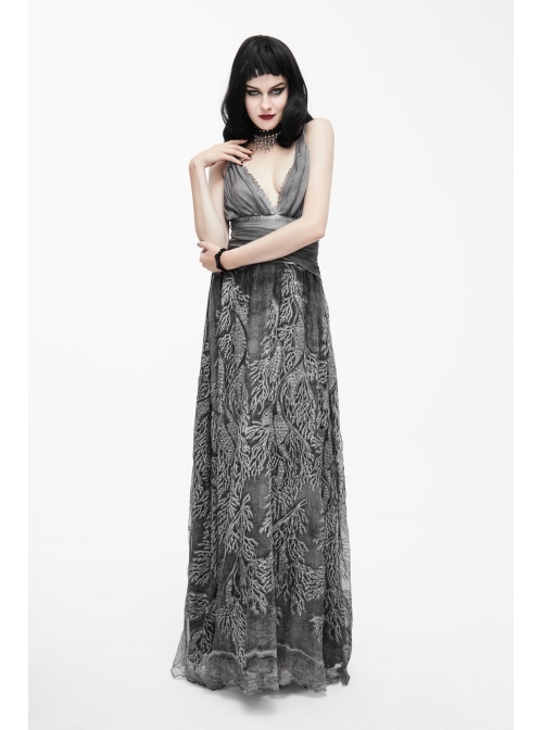 Big V-Neck Embroidery Lace Hem Grey Gothic Imitation Silk Chiffon Long Sling Dress