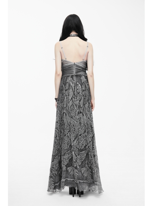Big V-Neck Embroidery Lace Hem Grey Gothic Imitation Silk Chiffon Long Sling Dress