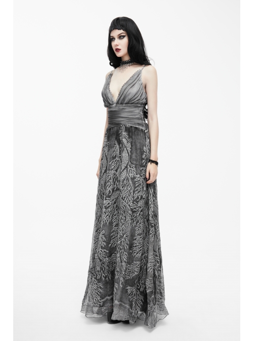 Big V-Neck Embroidery Lace Hem Grey Gothic Imitation Silk Chiffon Long Sling Dress