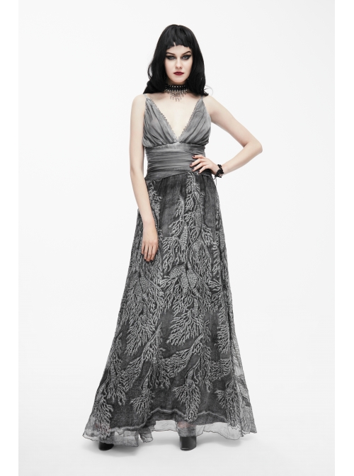 Big V-Neck Embroidery Lace Hem Grey Gothic Imitation Silk Chiffon Long Sling Dress
