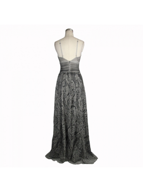 Big V-Neck Embroidery Lace Hem Grey Gothic Imitation Silk Chiffon Long Sling Dress