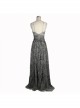 Big V-Neck Embroidery Lace Hem Grey Gothic Imitation Silk Chiffon Long Sling Dress