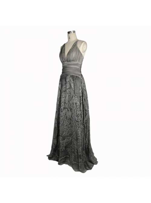 Big V-Neck Embroidery Lace Hem Grey Gothic Imitation Silk Chiffon Long Sling Dress
