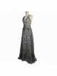 Big V-Neck Embroidery Lace Hem Grey Gothic Imitation Silk Chiffon Long Sling Dress