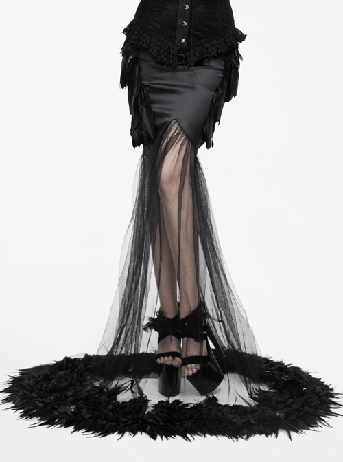 Black Gothic Mesh Fishtail Flower Feather Hem Long Satin Skirt