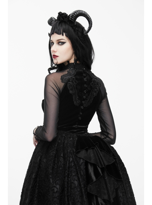 Black Gothic Three-Dimensional Embroidered Multi-Layer Lotus Leaves Velvet Long Skirt