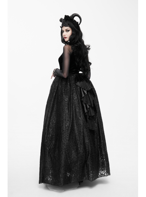Black Gothic Three-Dimensional Embroidered Multi-Layer Lotus Leaves Velvet Long Skirt