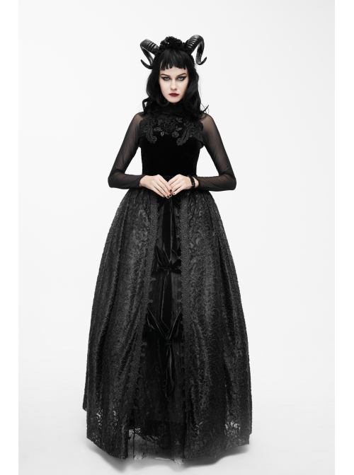 Black Gothic Three-Dimensional Embroidered Multi-Layer Lotus Leaves Velvet Long Skirt