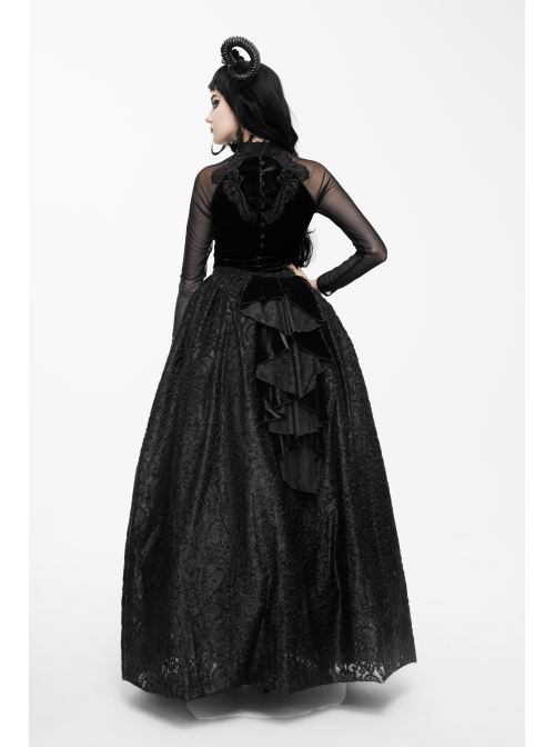 Black Gothic Three-Dimensional Embroidered Multi-Layer Lotus Leaves Velvet Long Skirt