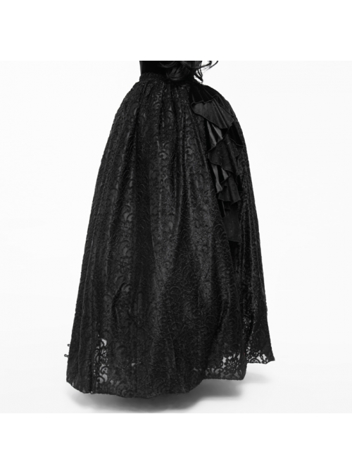 Black Gothic Three-Dimensional Embroidered Multi-Layer Lotus Leaves Velvet Long Skirt