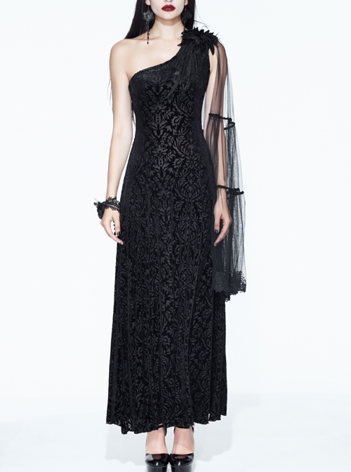 One-Shoulder Mesh Shawl Feather Lace Decoration Black Gothic Velvet Long Dress