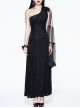 One-Shoulder Mesh Shawl Feather Lace Decoration Black Gothic Velvet Long Dress