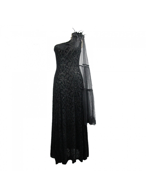 One-Shoulder Mesh Shawl Feather Lace Decoration Black Gothic Velvet Long Dress