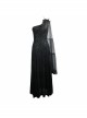 One-Shoulder Mesh Shawl Feather Lace Decoration Black Gothic Velvet Long Dress