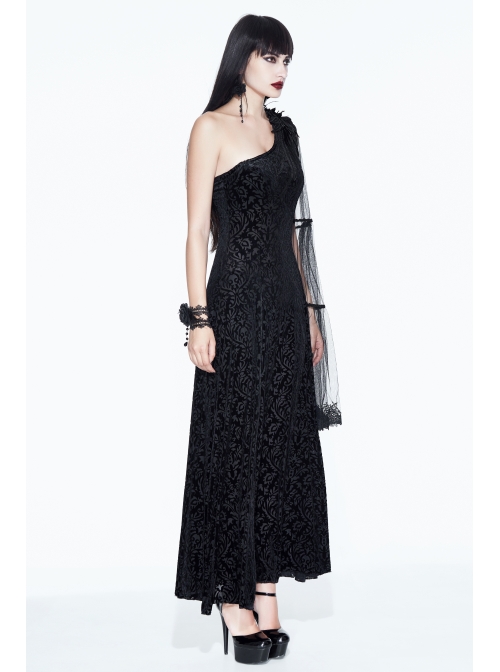One-Shoulder Mesh Shawl Feather Lace Decoration Black Gothic Velvet Long  Dress - Magic Wardrobes