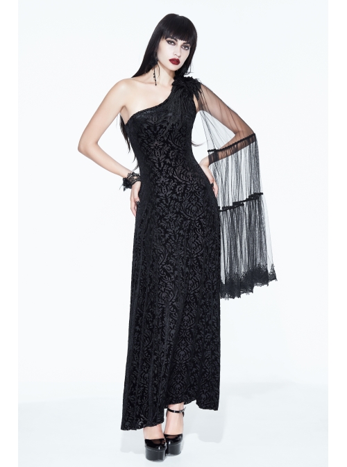 One-Shoulder Mesh Shawl Feather Lace Decoration Black Gothic Velvet Long Dress