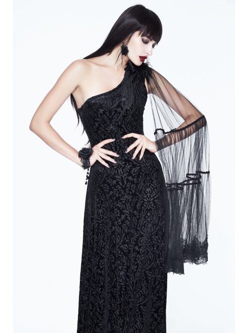 One-Shoulder Mesh Shawl Feather Lace Decoration Black Gothic Velvet Long Dress