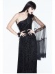 One-Shoulder Mesh Shawl Feather Lace Decoration Black Gothic Velvet Long Dress