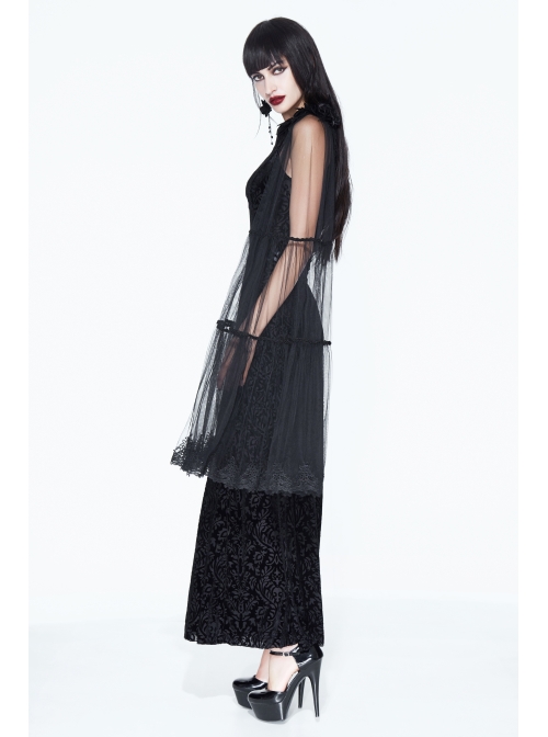 One-Shoulder Mesh Shawl Feather Lace Decoration Black Gothic Velvet Long Dress